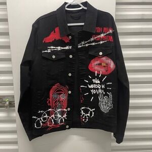Custom Streetwear Black Denim Jacket Hand Painted Graphics Mens Large Punk